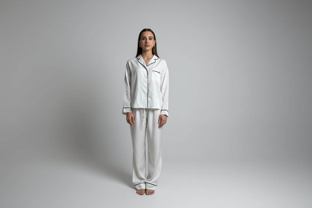 PERSONALIZOWANA BIAŁA PIŻAMA Z DŁUGIMI SPODNIAMI LILY